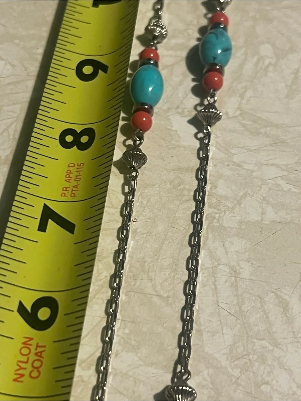 Turquoise and Coral Beaded Sterling-Color Necklace N154